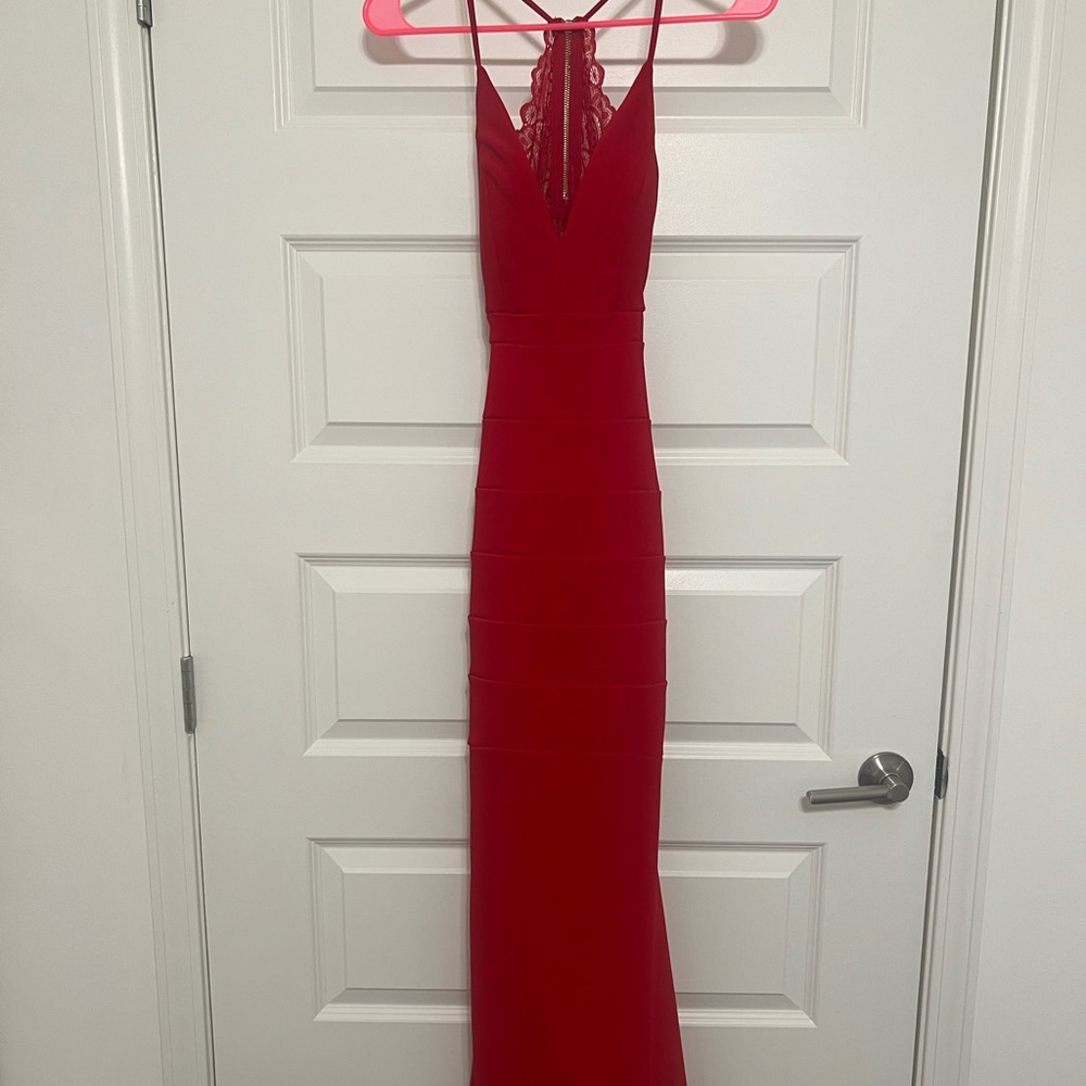 Red lace open back prom dress